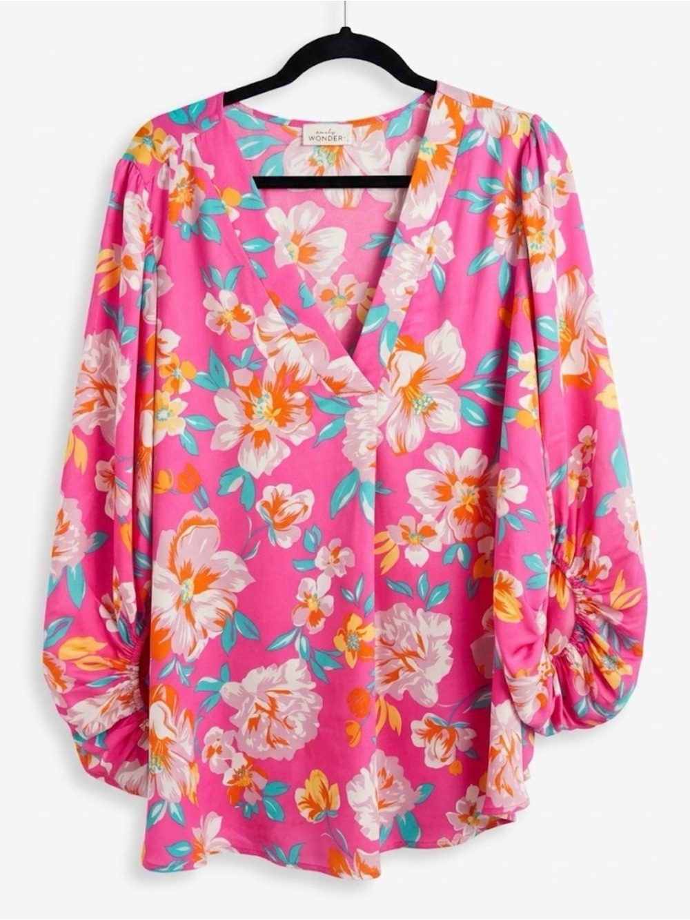 Emily Wonder Pink Floral V-Neck Balloon Sleeve Blouse
